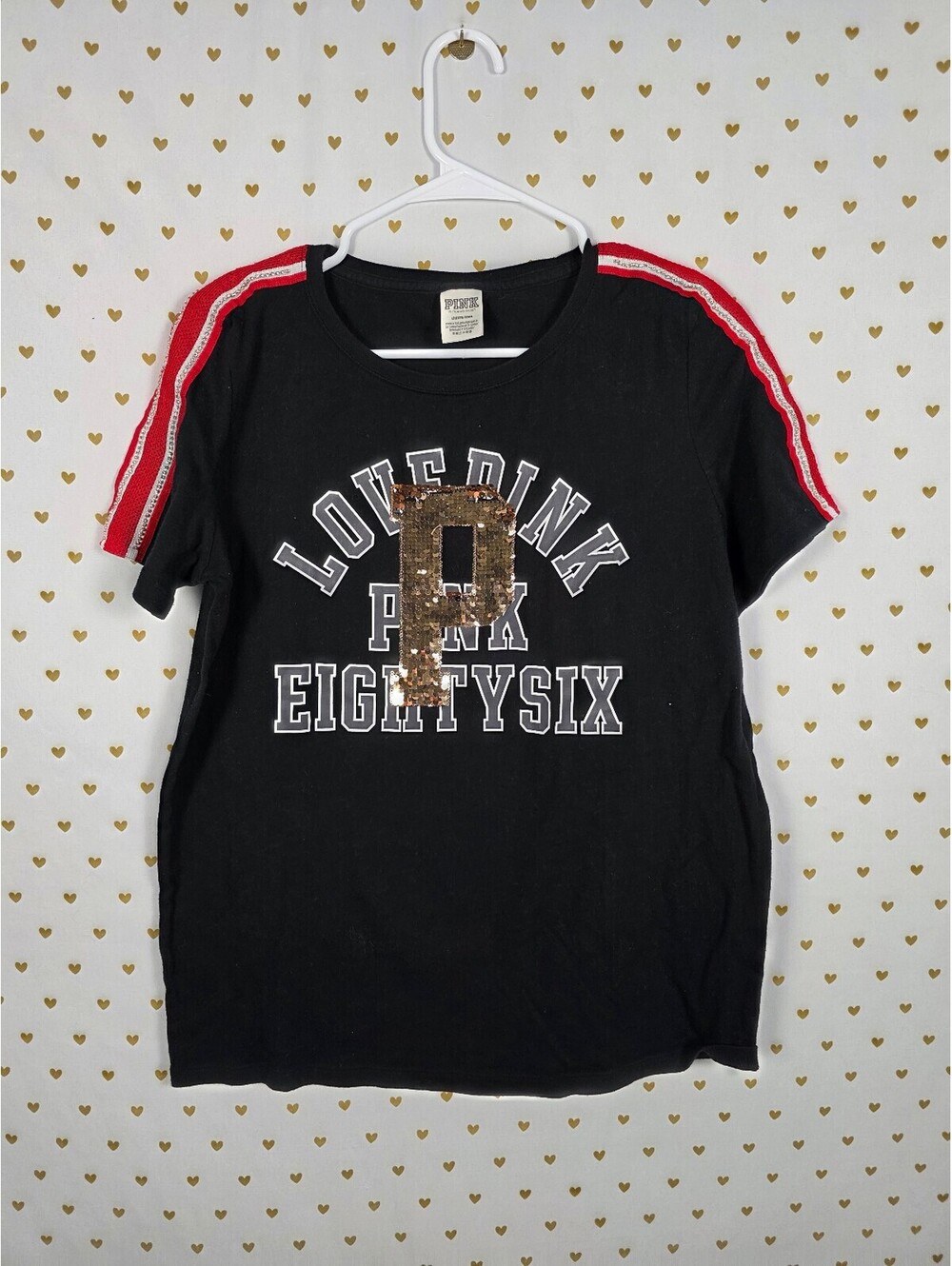 Victorias Secret PINK Bling Logo Gold Sequined tee shirt 86 Large